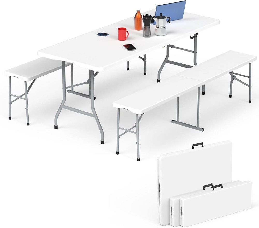 6ft White Folding Table with 2 Benches Picnic