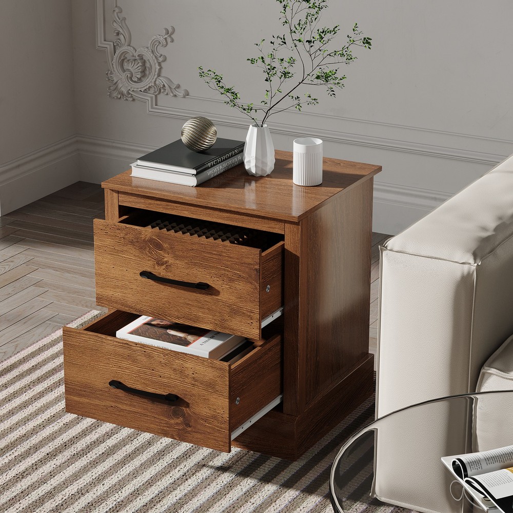 2 PCS 2 Drawer Compact Sofa End Table Nightstand Bedside Table Rustic Walnut