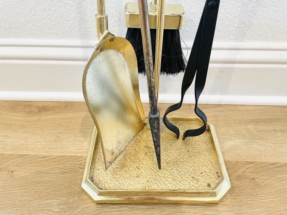 Vintage Brass/Cast Iron Heavy Solid 5-Piece Fireplace Tool & Stand Set