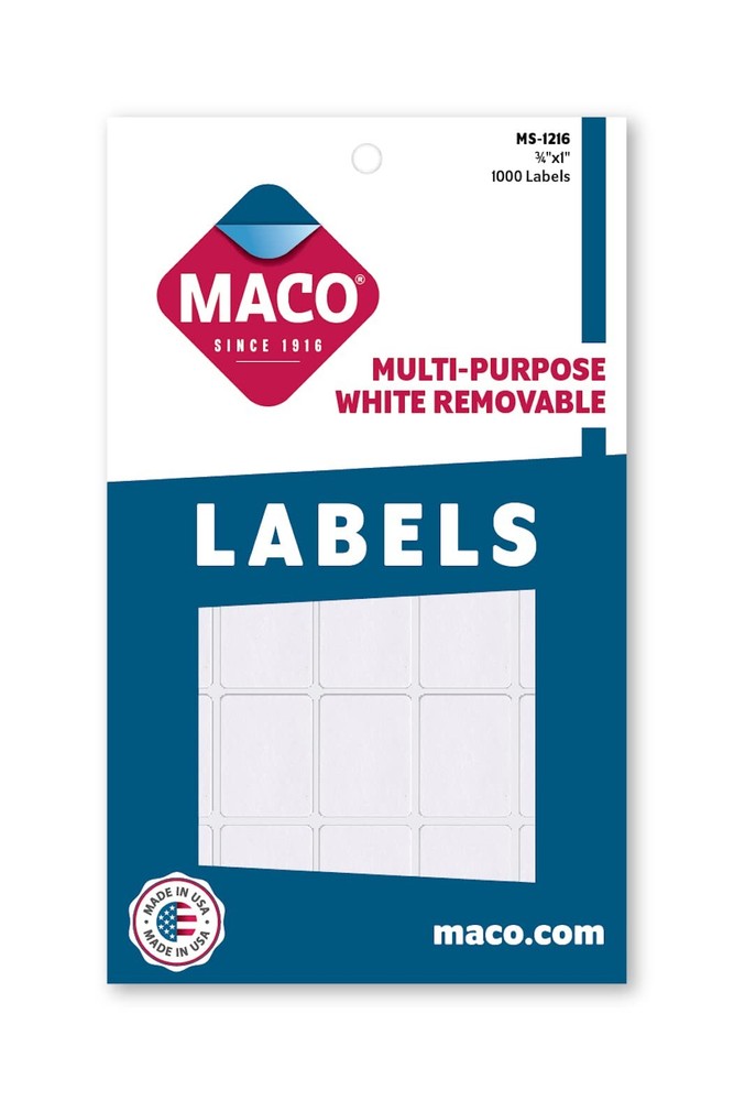 MACO White Rectangular Labels, 3/4"x1", 1000 Per Box (MS-1216)