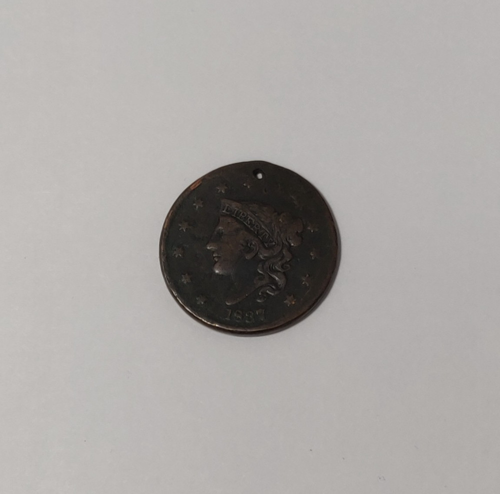1837 LARGE CENT CORONET HEAD SURFACE DAMAGED + HOLED + SMASHED