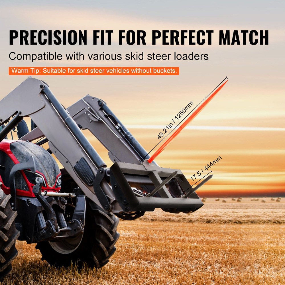 49" Hay Spear Bale Spears 1600lbs Loading Capacity Skid Steer Loader Tract