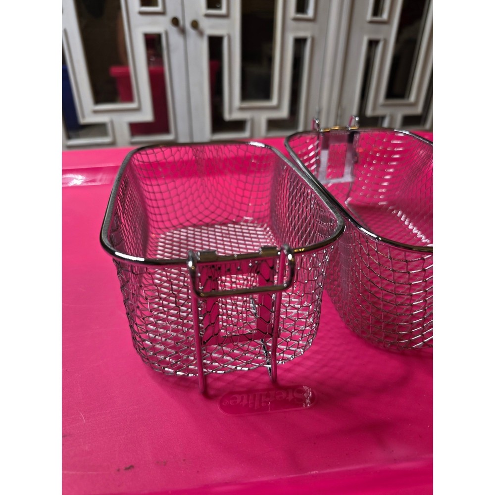 Set of 2 Silver Wire Mesh Deep Fryer Baskets with Hooks 8x4.5x4 Rectangular