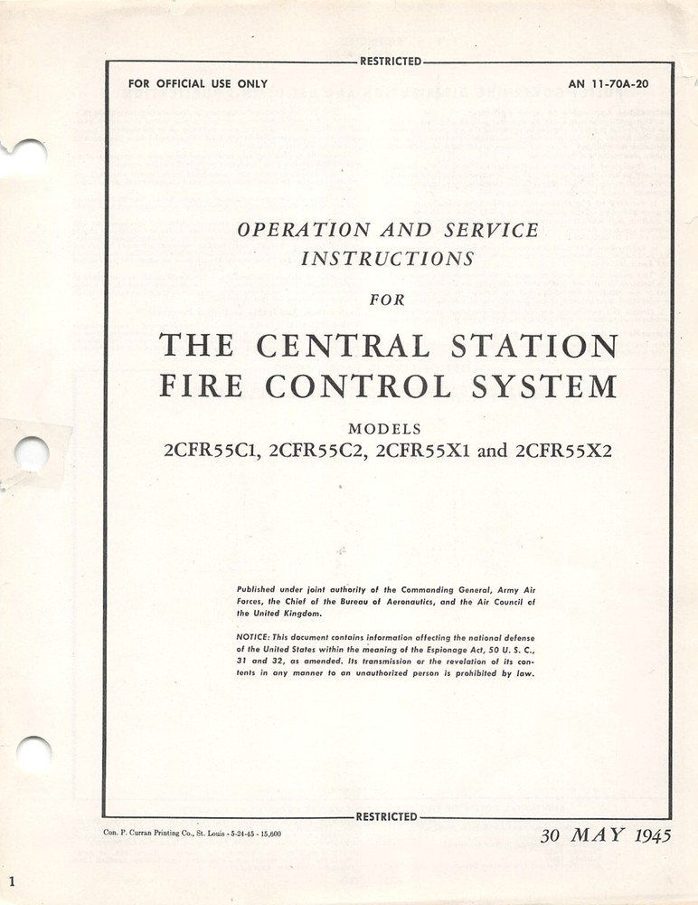 B-29 Central Station Fire Control System 1945 Operation/Maint Flight Manual  -CD