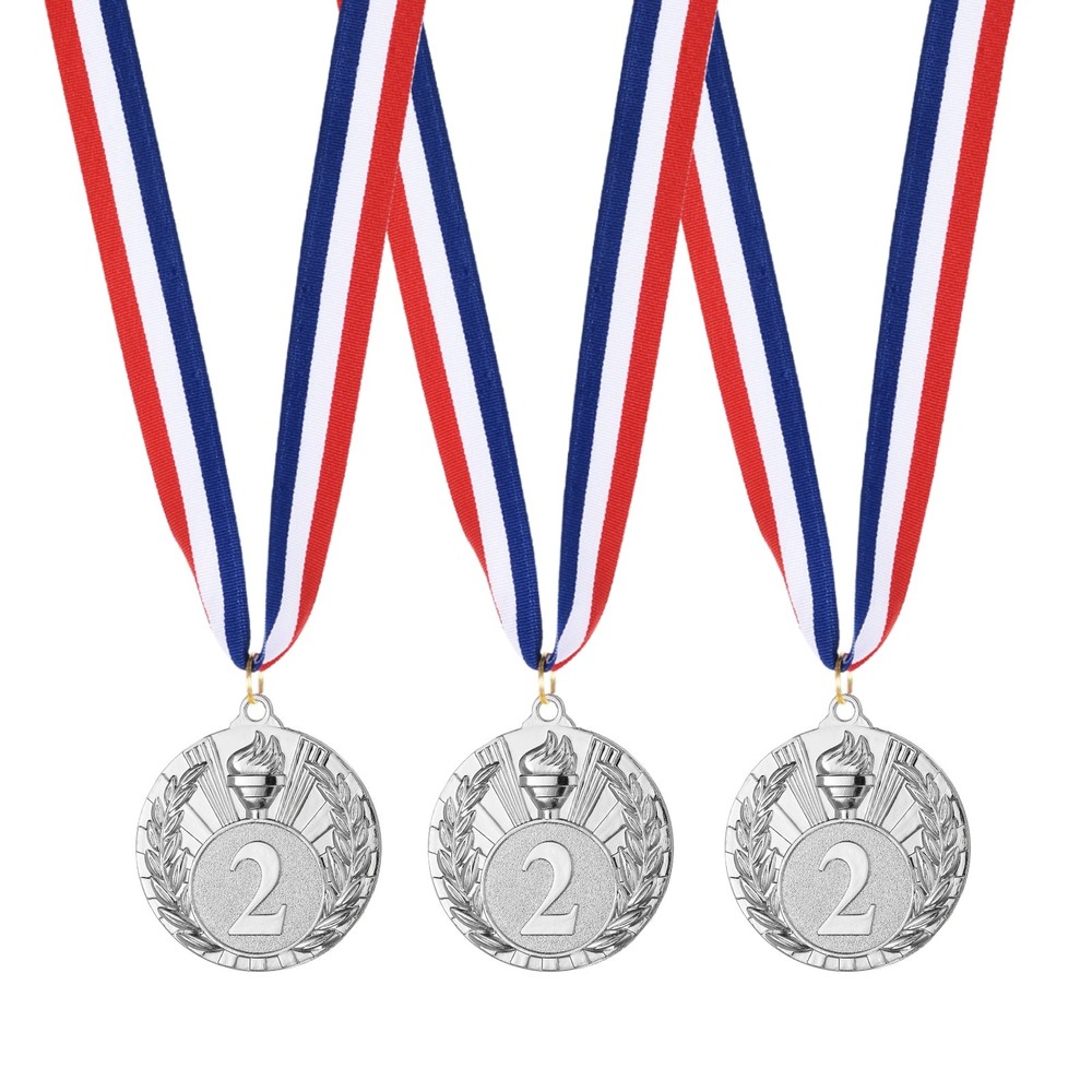 3 Pcs 2" 2nd Metal Award Medals, Silver (Torch Style)