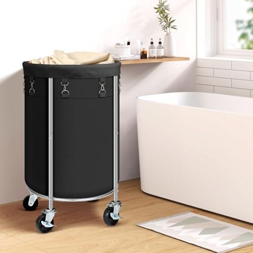 Laundry Hamper with Wheels, 100L Round Rolling Laundry Basket Sorter with Black
