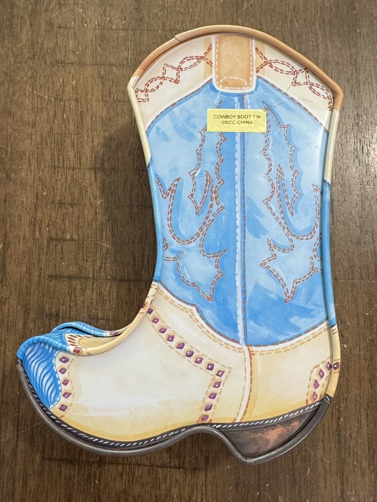 Tin Box Cowboy Boot Style 7" Bears Playing Instruments Square Dancing Inside EUC