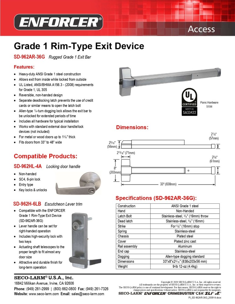 Seco-Larm SD-962AR-36G Rugged Grade 1 Rim-Type Exit Device, Push-to-Exit Bar