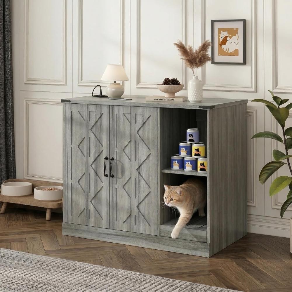 Large Auto Cat Litter Box Cabinet with Charging, Adjustable Storage Shelves