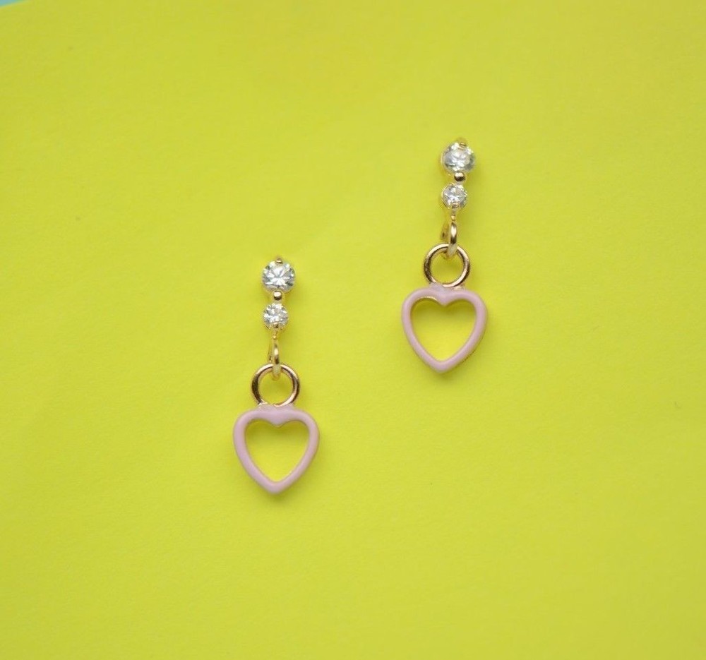 14K Solid Yellow Gold Heart Shape Dangle Earring with Enamel