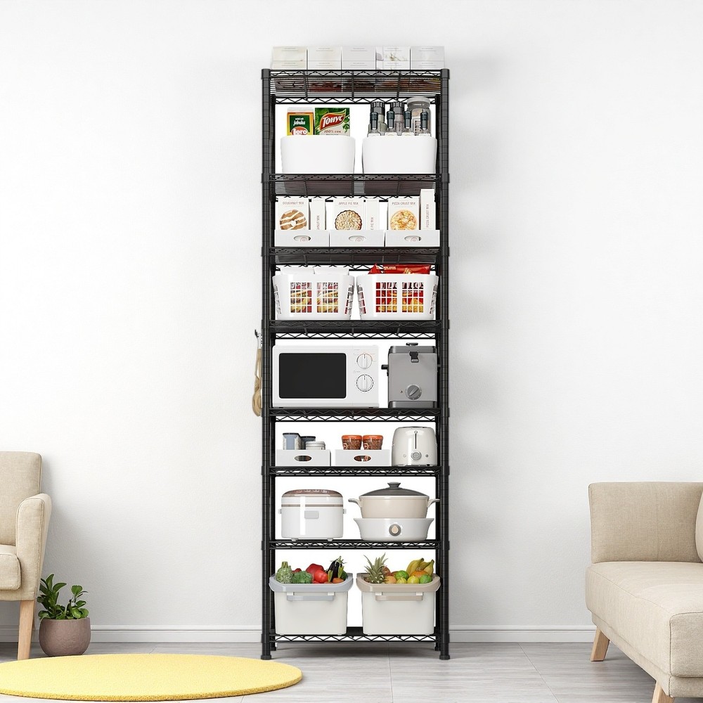 8-Tier Wire Shelving Unit - Heavy Duty, Adjustable, Modular, Hooks & Black
