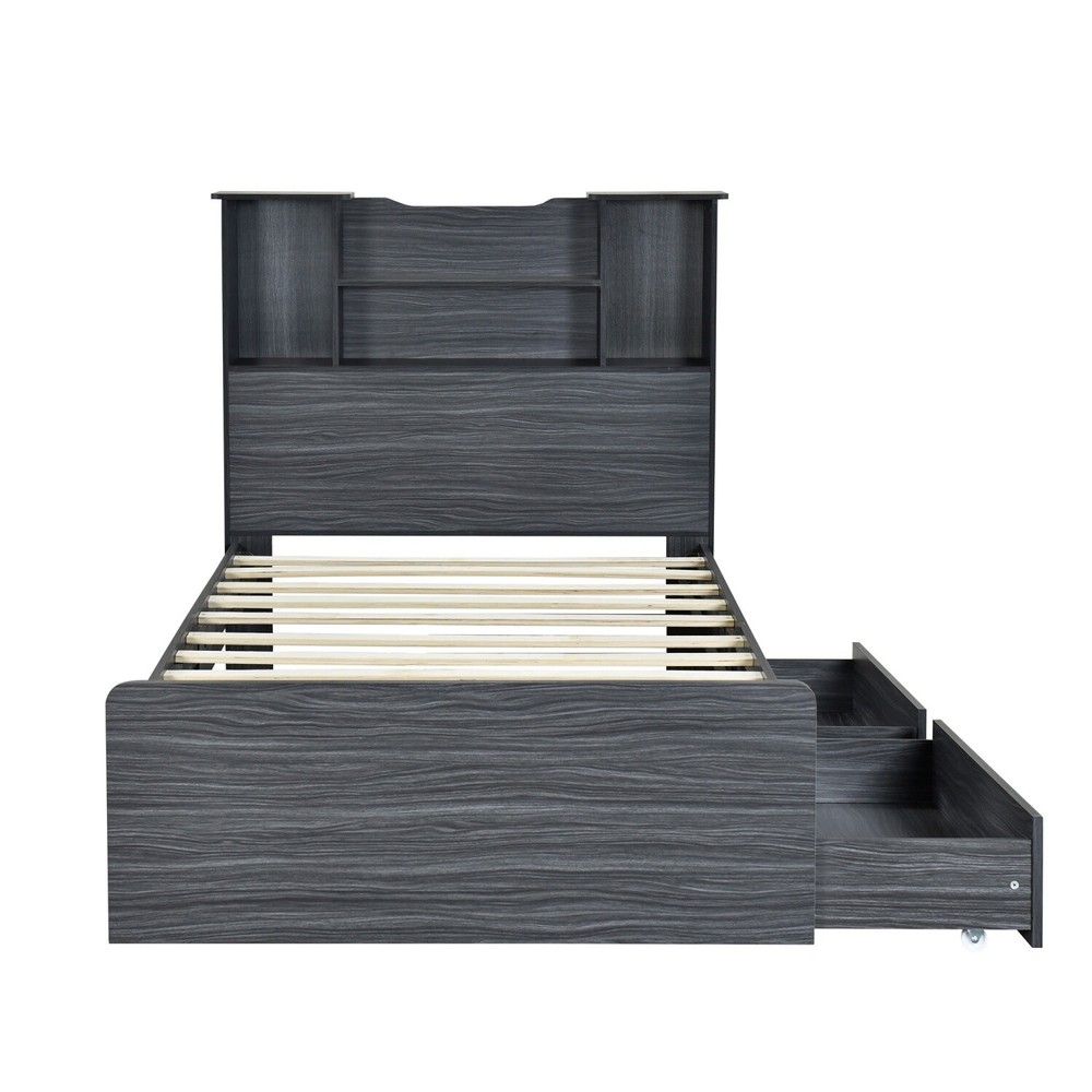 Twin Size Bed Frame Wood Platform Bed with Storage Shelf & Drawer & LED Light US