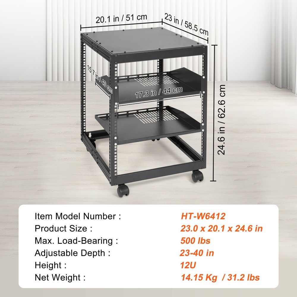 12U Open Frame Server Rack, Adjustable Depth, Free Standing Or Wall Mount