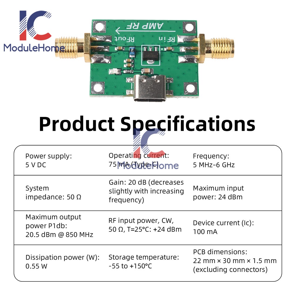 DC 5V SBB5089 Gain 20dB RF Module 5MHz~6GHz RF Power Amplifier Front-end module