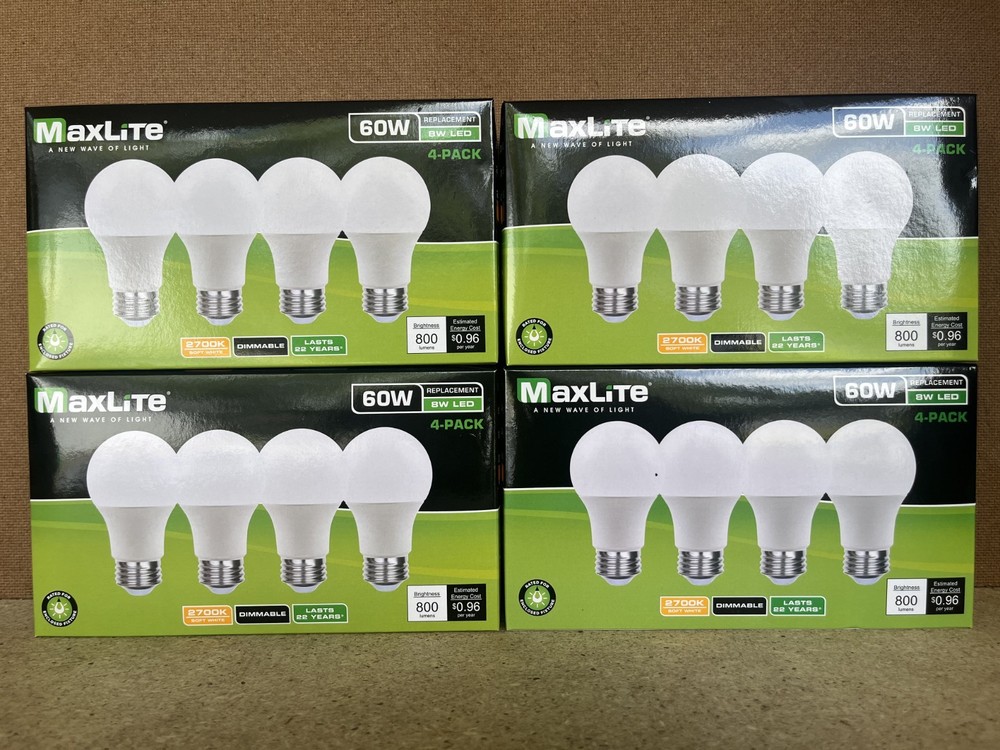 16 Pack Maxlite 8W LED Bulb = 60 watt replace A19 Soft White 2700K LED Light 60w