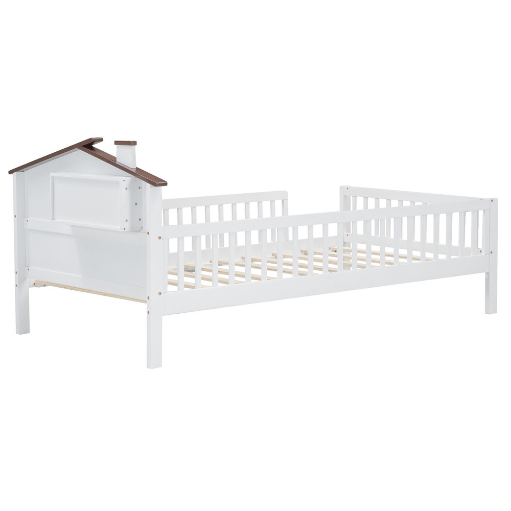 Twin/Full Size Bed Frame Wood Platform Bed with Storage Headboard White/Natural