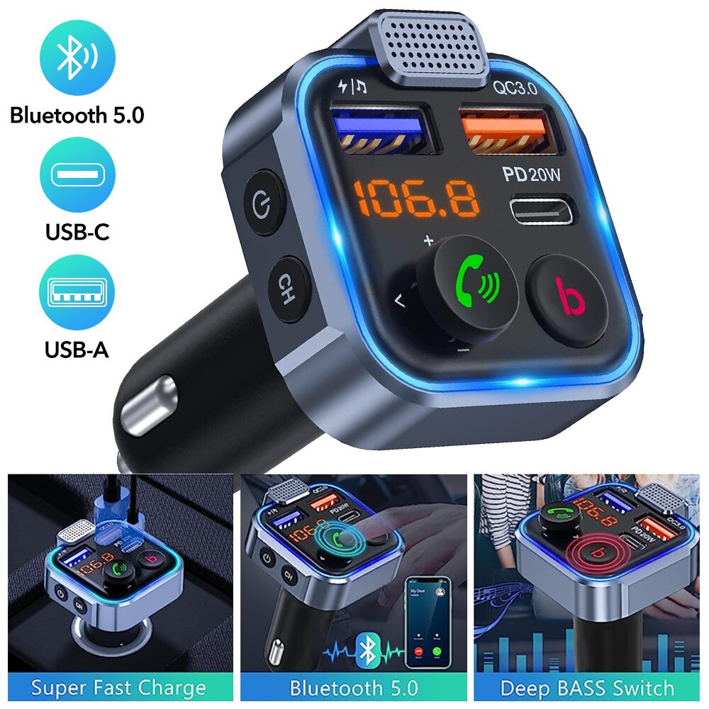 Wireless Bluetooth 5.0 FM Transmitter Car Adapter Type-C Interface QC3.0 20W