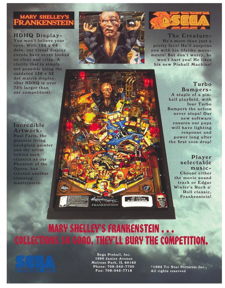 Frankenstein Sega Pinball Flyer / Brochure / Ad - Mint Condition