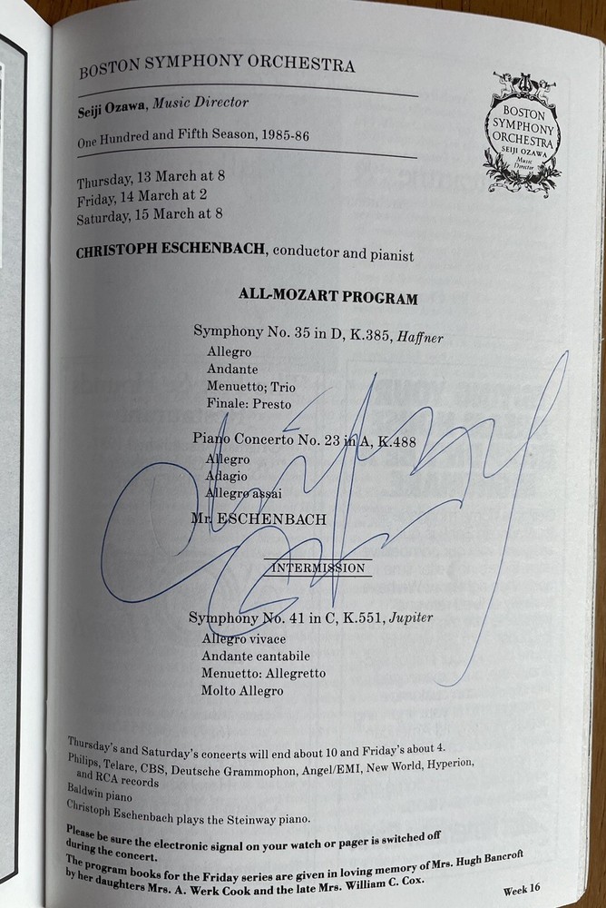 Boston Symphony Orchestra Christoph Eschenbach Autographed Program
