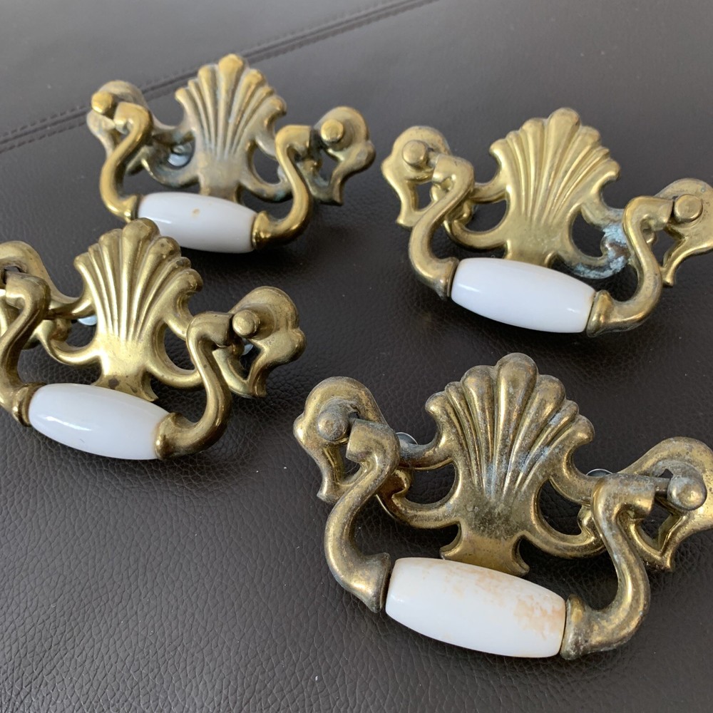 Vintage 1986 Drawer Pulls Brass Scrolls Ceramic Handle Set Of 4