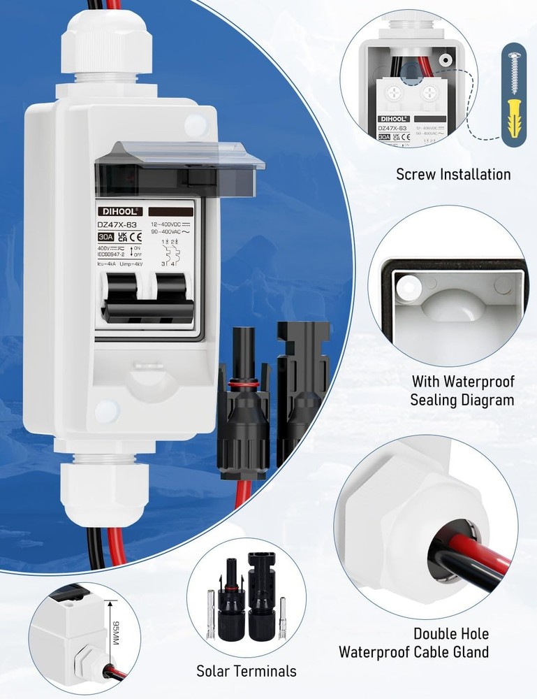 Solar Disconnect Switch, 30A DC Breaker, 2-Pole 12V-400V