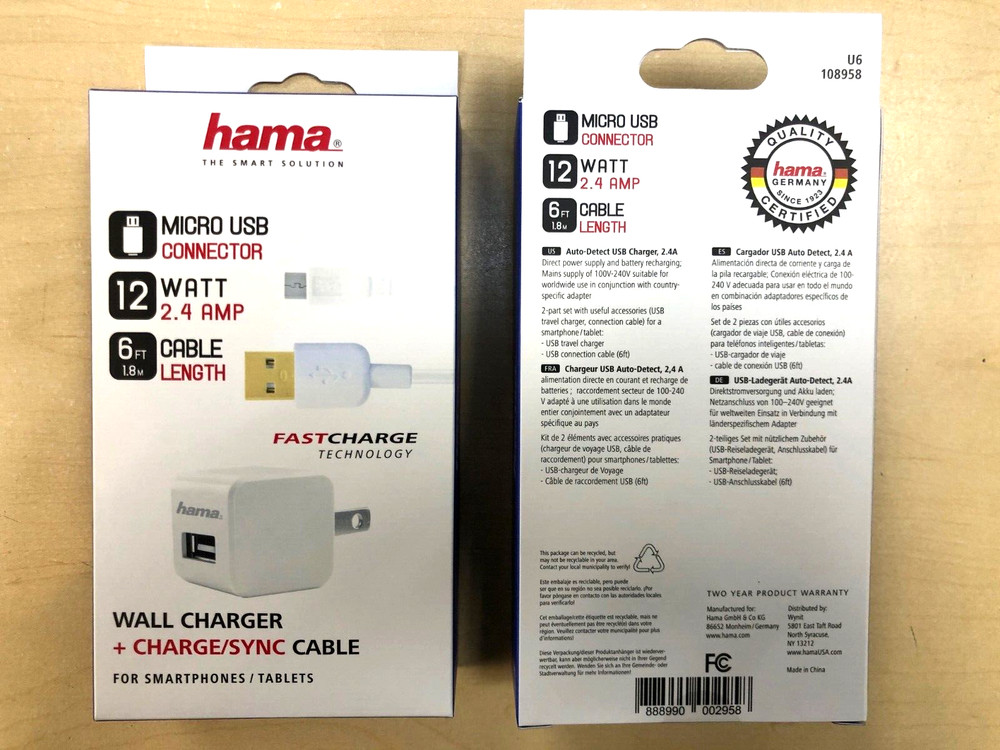 NEW OEM HAMA 2.4 Amp Wall Home Charger Cube & 6FT Micro USB Cable Combo