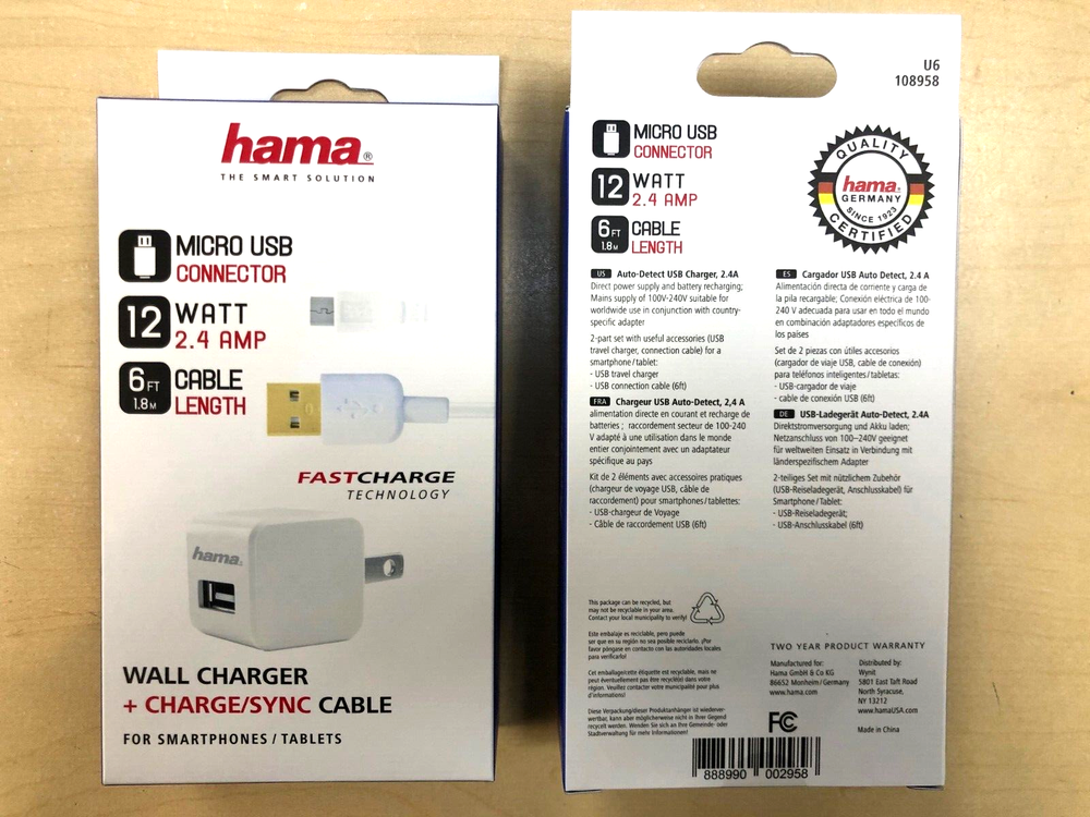 NEW OEM HAMA 2.4 Amp Wall Home Charger Cube & 6FT Micro USB Cable Combo