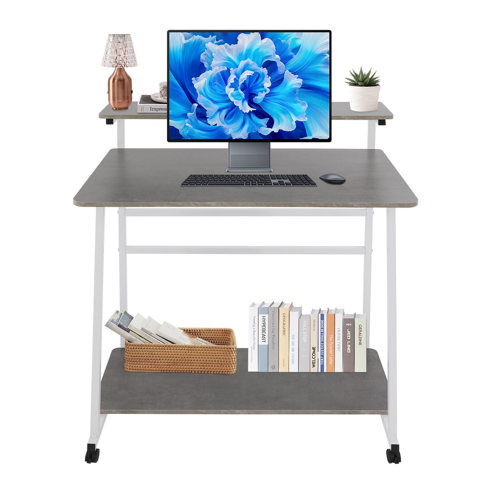 3-tier Computer Desk, Home Office Desk, Rolling Computer Desk, White, Grey