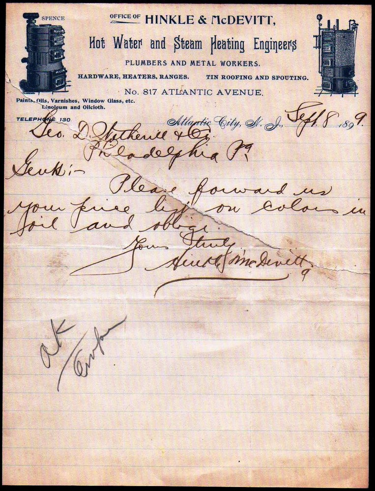 1899 Atlantic City - Hinkle McDevitt - Steam Heating Engineers Letter Head Bill