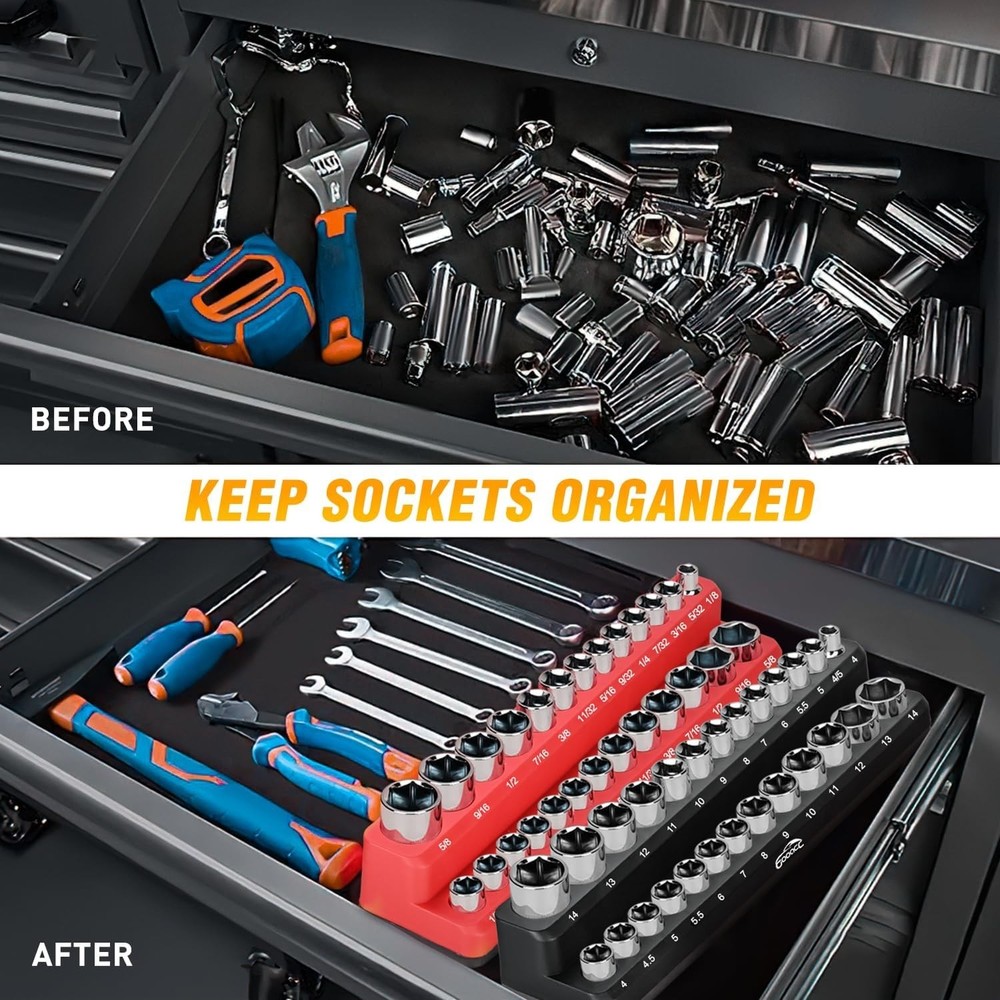 1/4" Magnetic Socket Organizer, 2 Pieces Socket Holder Metric SAE Socket Tray...