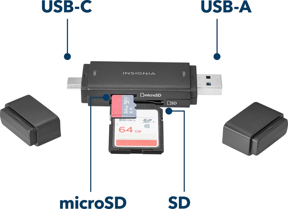 Insignia- USB-C/USB 3.0 to SD and microSD Memory Card Reader - Black