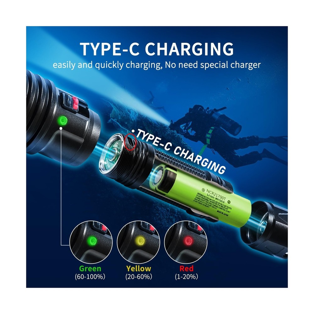 LetonPower Dive Light, Underwater Flashlight, 2000Lumens Dive Lights Scuba Di...
