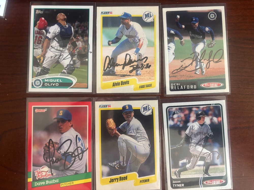 6 Signed Seattle Mariners cards - Burba/Davis/Reed +