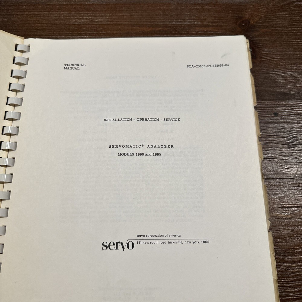 Servo Corporation Models 1990 & 1995 Servomatic Analyzer Installation Operation