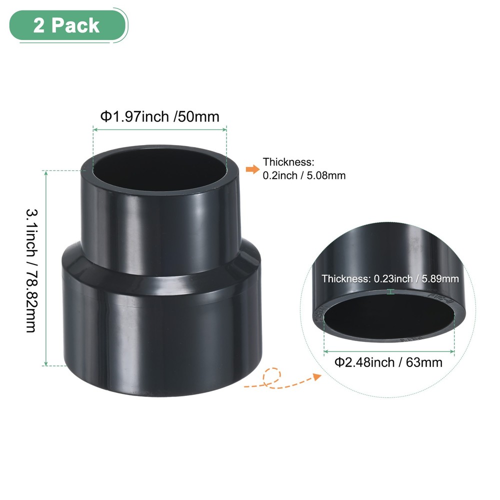 2-Pack UPVC Reducer Pipe Fitting, DN50*40 Reducing Coupling Connector, Grey