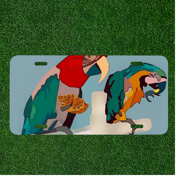 Custom Personalized License Plate Auto Tag With Two Colorful Parrots Design