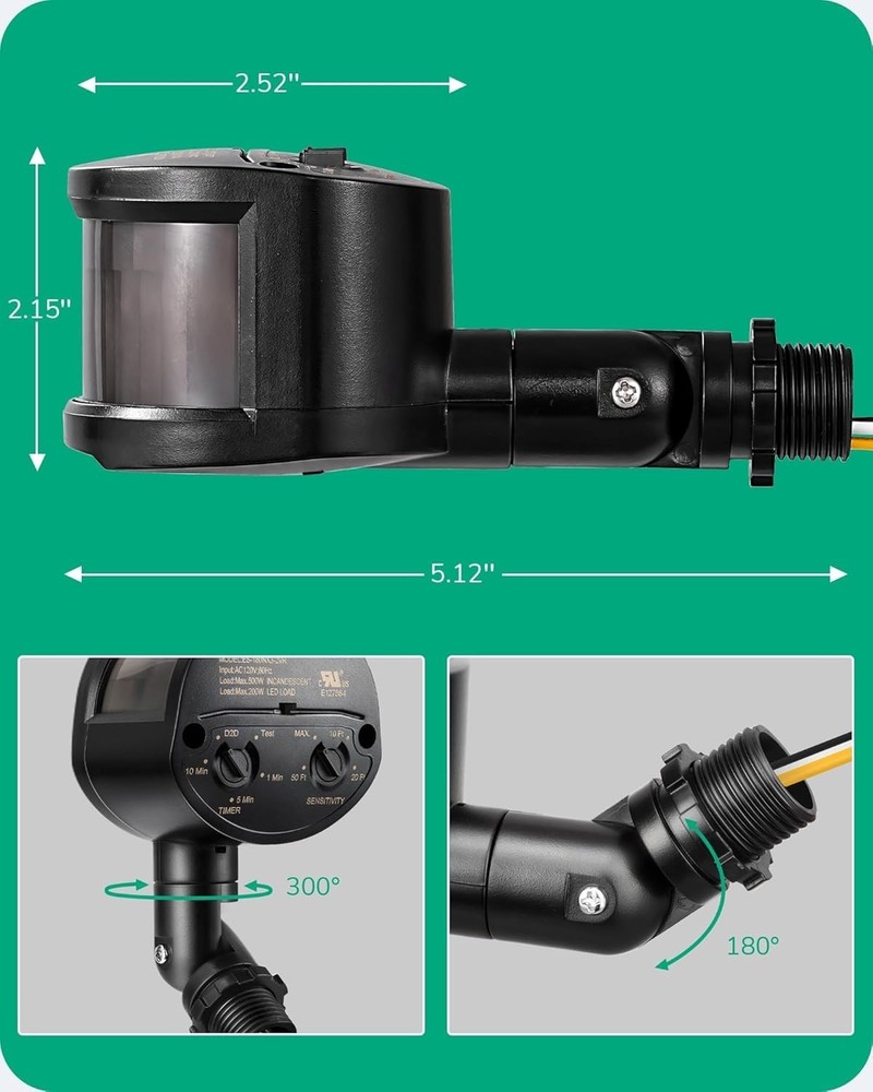 180-Degree Adjustable Motion Sensor for Security Floodlights - Listed, Black