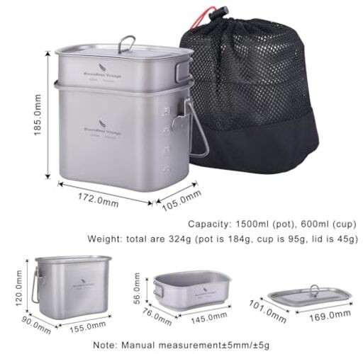 Titanium Camping Cookware Set 1500ml & 600ml Military Mess Kit with Lid