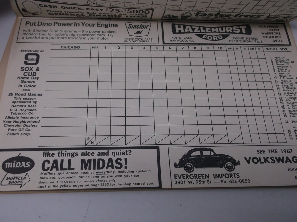 Vintage 1967 Chicago White Sox Official Scorecard Program