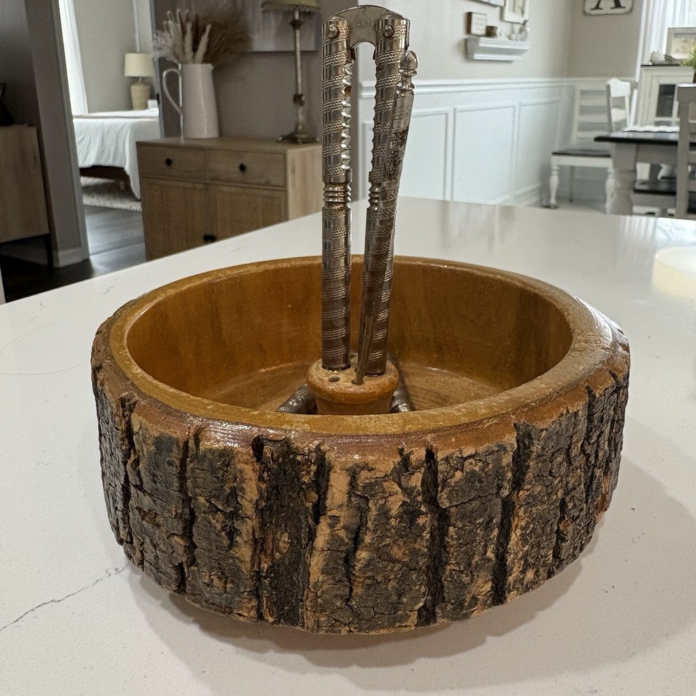 Bark Edge Wood Nut Bowl Set Nutcracker Tools Barware Vintage Mid-Century Rustic