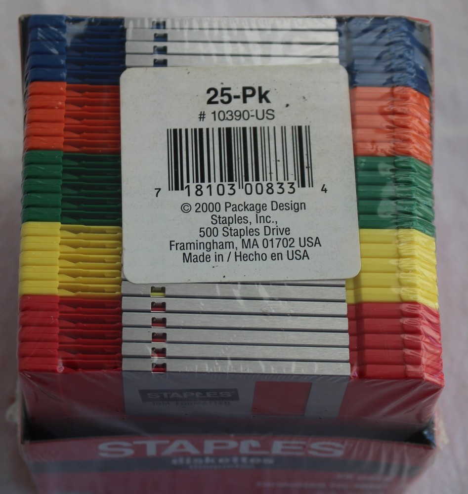 Staples 3.5" Floppy Disks Diskettes 25 Pack Multi-Colored Pack Formatted for IBM