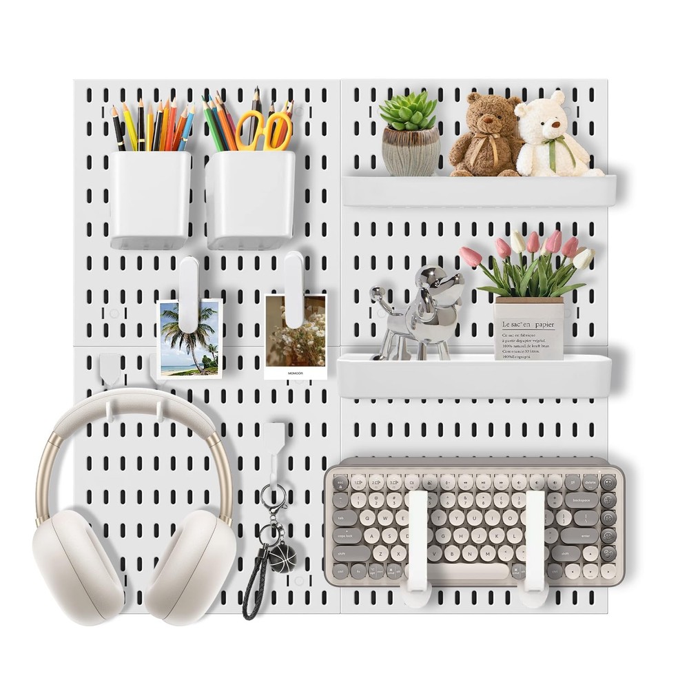 4 PCS White Pegboard Wall Organizer Set Hooks Shelves Office Kitchen Display