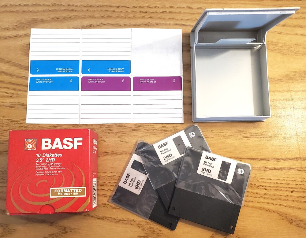 THREE (3) NEW BASF 3.5" 2HD DISKETTES WITH STORAGE BOX - FORMATTED MS-DOS -IBM
