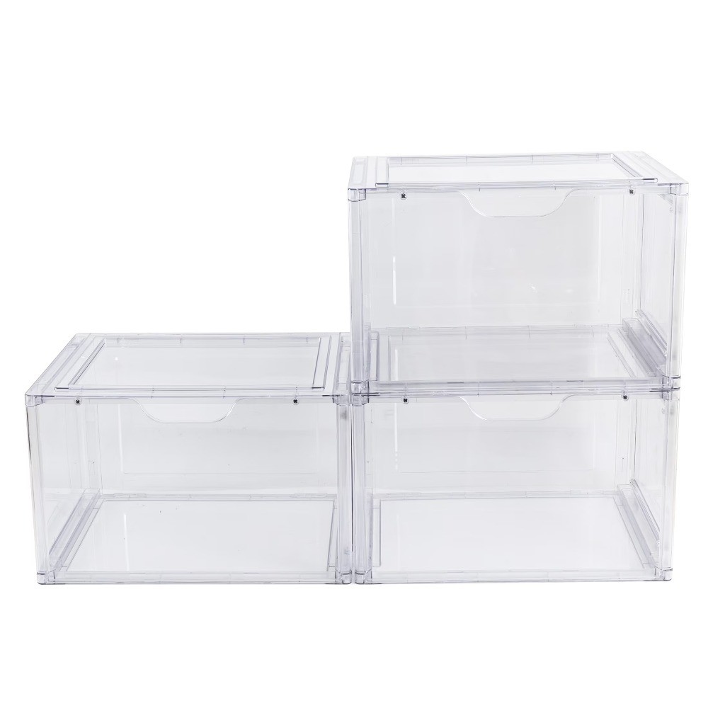 Clear Glossy Stackable Plastic Drop Front Shoe Organizer Box 1 Tier Adult Size