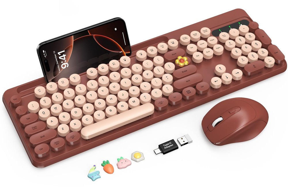 Wireless Keyboard and Mouse Combo, Retro Round Keycaps, Full-Size Stylish Typ...