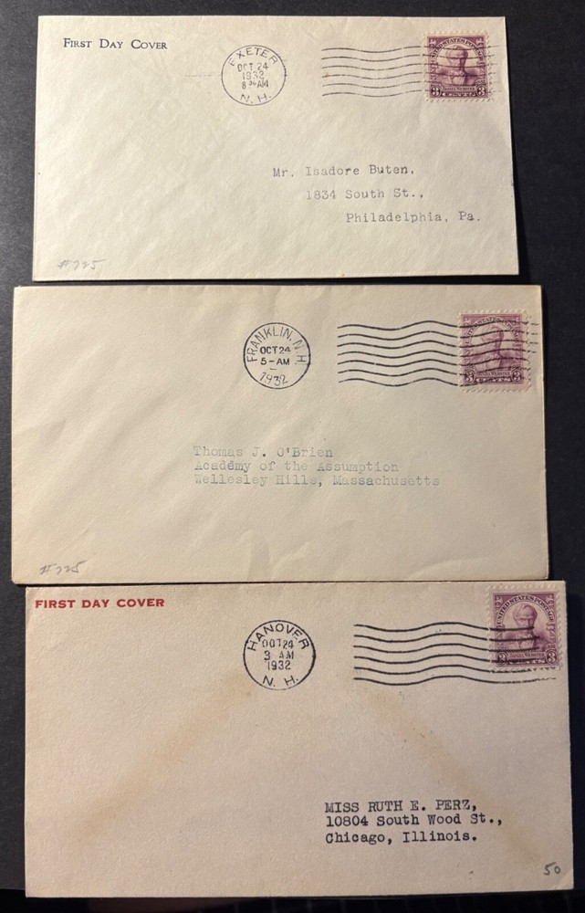 #725 Daniel Webster FDC no cachet, 3 cities, Exeter, Franklin, Hanover, NH