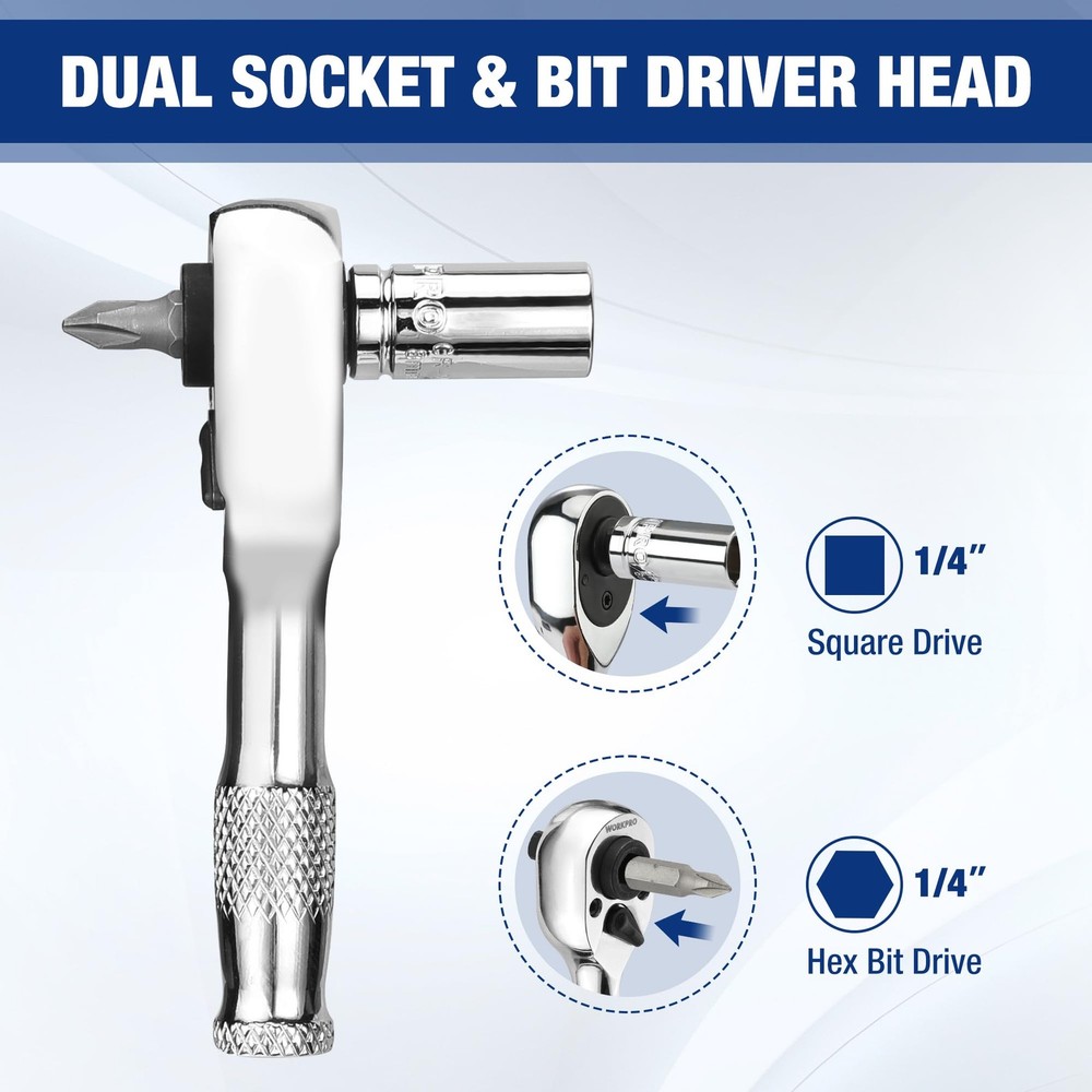 WORKPRO Stubby Ratchet & Bit 16 PCS & Driver Set, Silver