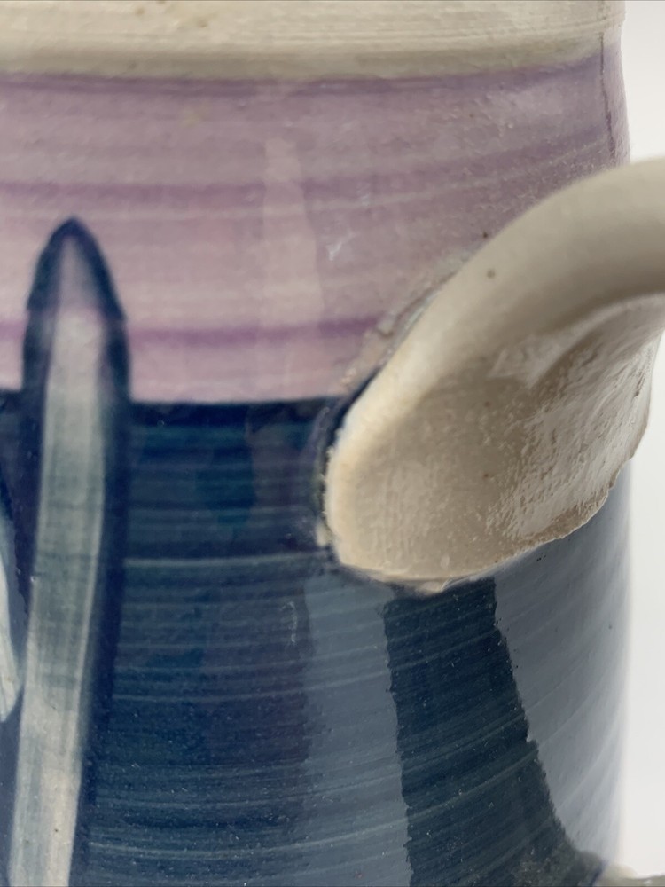 Hand Made Hand painted Pottery Pitcher Signed WP Blue Lavender White Leaves