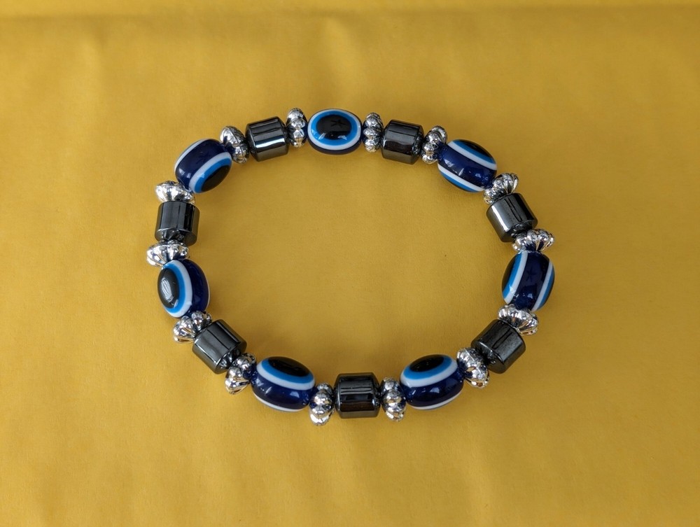 Blue Evil Eye Beaded Fatima Hand Bracelet Lucky Hematite Adjustable Bracelets