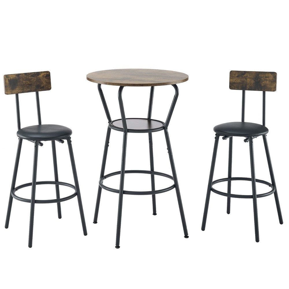 36" Round Bar Table & Upholstered Stool Set with Shelf, Rustic Brown